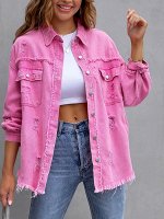 Женская джинсовая куртка с длинными рукавами, карманами и потёртостями, на пуговицах, цвет розовый