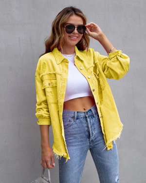 Женская джинсовая куртка с длинными рукавами, карманами и потёртостями, на пуговицах, цвет жёлтый