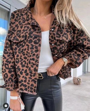Женская джинсовая куртка с леопардовым принтом, длинными рукавами и карманами, на пуговицах, цвет коричневый/чёрный