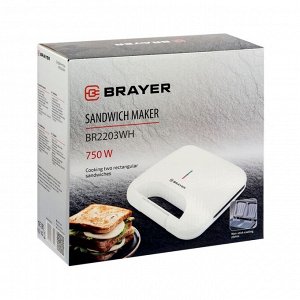 Сэндвичница BRAYER 2203BR-WH, 750 Вт, пластины с антипригарным покрытием, 22х12 см