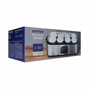Йогуртница Centek CT-1443, 30 Вт, 0.2 л, 8 ёмкостей, стекло, таймер, дисплей, серо-чёрная