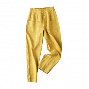 Женские брюки с карманами, на резинке и пуговицах, цвет жёлтый