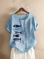 Женская блузка с принтом &quot;Рыбки&quot; и короткими рукавами цвет голубой
