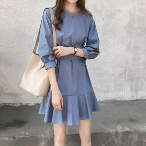 Женское мини-платье с рукавами и поясом, цвет синий