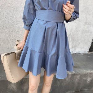 Женское мини-платье с рукавами и поясом, цвет синий