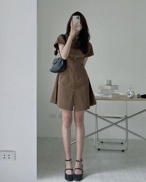 Женское мини-платье с короткими рукавами, на пуговицах, цвет тёмно-коричневый