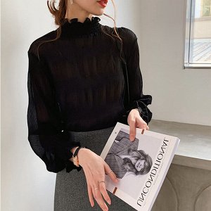 Женская блузка с воротником и длинными рукавами, цвет чёрный