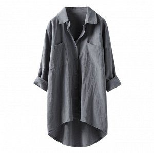 Женская удлиненная рубашка с карманами и длинными рукавами, на пуговицах, цвет серый