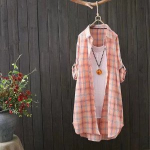 Женская удлиненная рубашка в клетку, с длинными рукавами, на пуговицах, цвет оранжевый