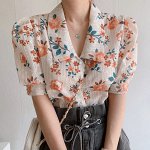 Женская блузка с разноцветным цветочным принтом и короткими рукавами, на пуговицах