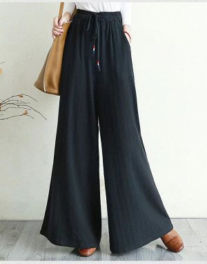Женские широкие брюки с карманами и эластичным поясом на завязках, цвет чёрный