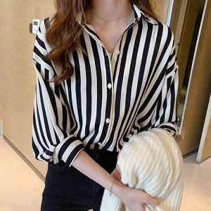 Женская удлиненная рубашка в полоску, с длинными рукавами, на пуговицах, цвет чёрно-белый