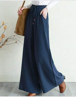 Женские широкие брюки с карманами и эластичным поясом на завязках, цвет синий