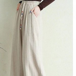 Женские широкие брюки с карманами и эластичным поясом на завязках, цвет бежевый