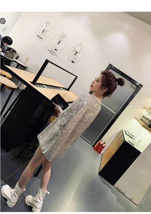 Женское мини-платье с пайетками и рукавами 2/3, цвет серебристый