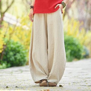 Женские брюки свободного кроя с карманами, на резинке, цвет бежевый