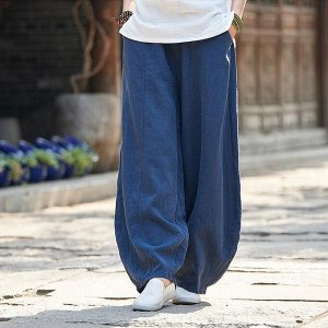 Женские брюки свободного кроя с карманами, на резинке, цвет синий