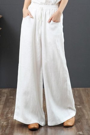Женские брюки свободного кроя с карманами и эластичным поясом с завязками, цвет белый