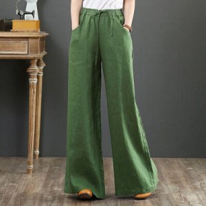 Женские брюки свободного кроя с карманами и эластичным поясом с завязками, цвет зелёный