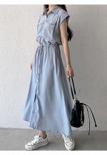 Женское длинное платье без рукавов, с карманами и завязками на талии, на пуговицах, цвет голубой