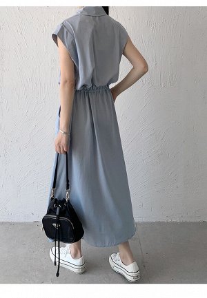 Женское длинное платье без рукавов, с карманами и завязками на талии, на пуговицах, цвет голубой