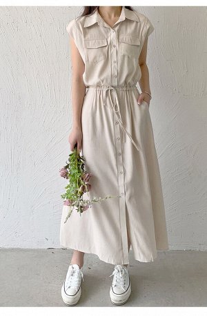 Женское длинное платье без рукавов, с карманами и завязками на талии, на пуговицах, цвет бежевый