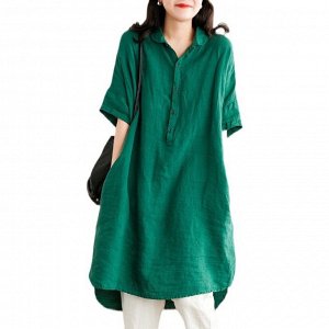 Женское платье-туника с короткими рукавами, на пуговицах, цвет зелёный