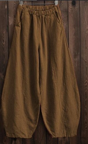 Женские брюки свободного кроя с карманами, на резинке, цвет коричневый