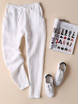 Женские брюки с карманами и эластичным поясом на завязках, цвет белый