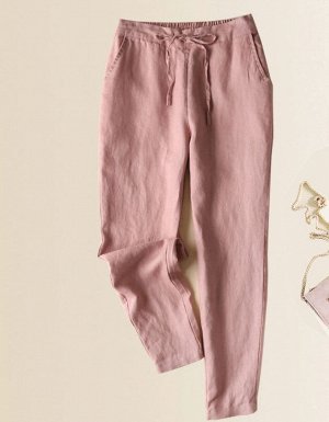 Женские брюки с карманами и эластичным поясом на завязках, цвет розовый