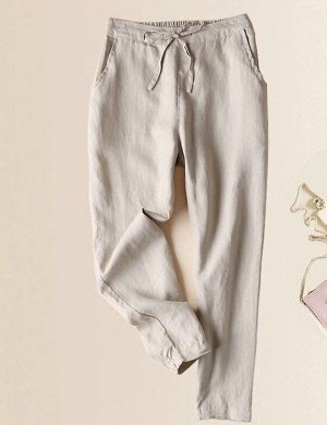 Женские брюки с карманами и эластичным поясом на завязках, цвет льняной