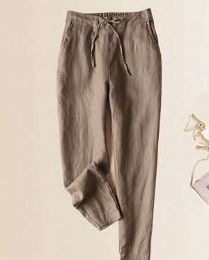 Женские брюки с карманами и эластичным поясом на завязках, цвет коричневый