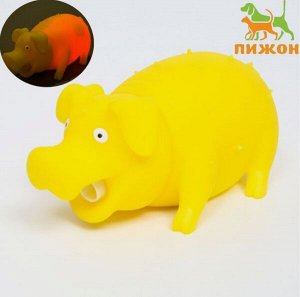 Игрушка для собак Весёлая свинья хрюкающая, пищащая, внил, 19см, жёлтая