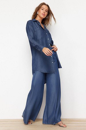 Темно-синие 100% джинсы Tencel™ с широкими штанинами и завышенной талией на резинке