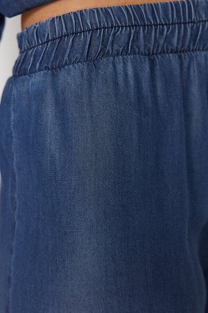 Темно-синие 100% джинсы Tencel™ с широкими штанинами и завышенной талией на резинке