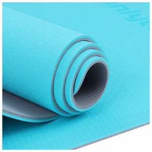 Коврик для фитнеса и йоги ONLYTOP, нескользящий, 183x61x0.6 см, цвет серый/голубой