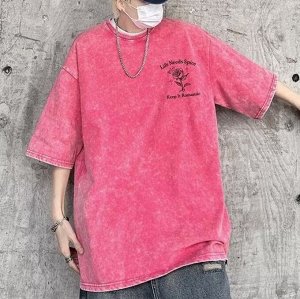 Мужская футболка оверсайз, с выстиранным эффектом, с принтом, розово-красный