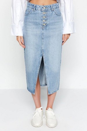Синяя джинсовая юбка миди с разрезами на пуговицах спереди