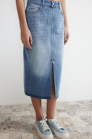 Синяя джинсовая юбка миди с высокой талией и застежкой-молнией спереди