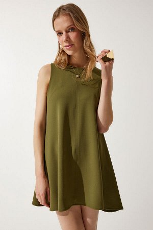 Женское летнее тканое платье цвета хаки с круглым вырезом RV00160