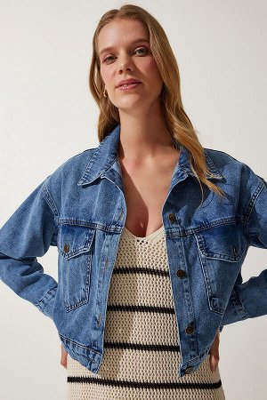 Женская синяя джинсовая куртка с карманами DD01300