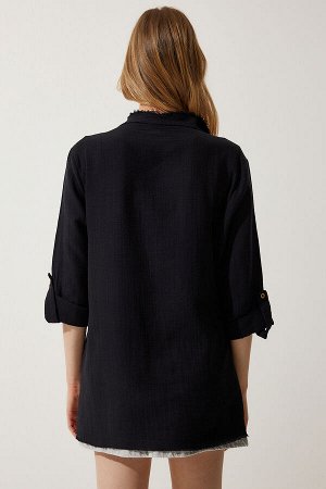Женская черная асимметричная муслиновая куртка с бахромой SA00020