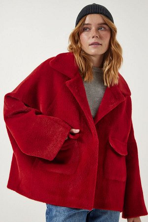 happinessistanbul Женская красная куртка с бородой увеличенного размера с карманами премиум-класса FN03171