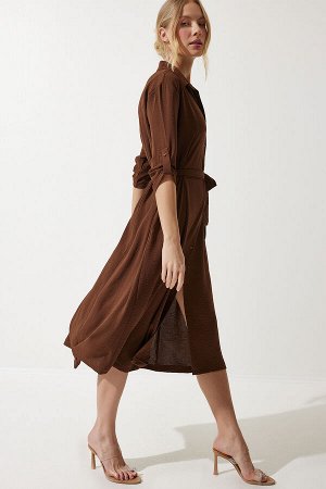 Женское коричневое платье-рубашка с поясом DD01256