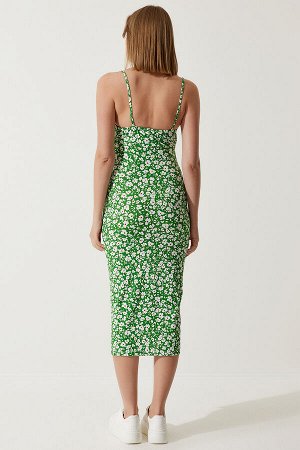 Женское зеленое летнее трикотажное платье с разрезом и цветочным принтом CI00029