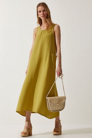 Женское летнее муслиновое платье масляно-зеленого цвета с широкими карманами SA00022