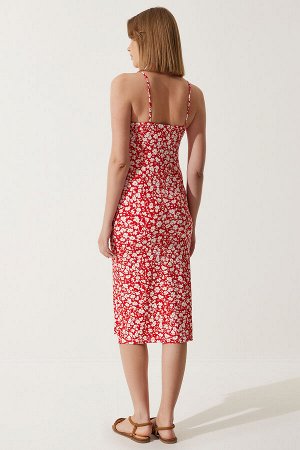 Женское красное летнее трикотажное платье с разрезом и цветочным принтом CI00029