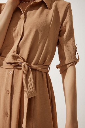Женское светло-коричневое платье-рубашка с поясом DD01256