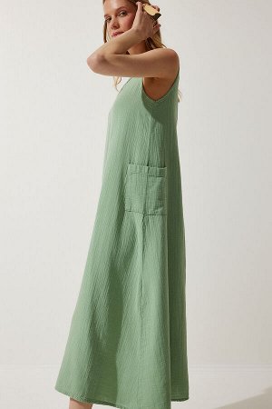 Женское зеленое летнее муслиновое платье с широкими карманами SA00022