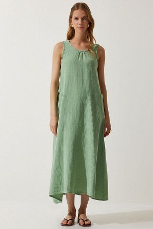 Женское зеленое летнее муслиновое платье с широкими карманами SA00022
